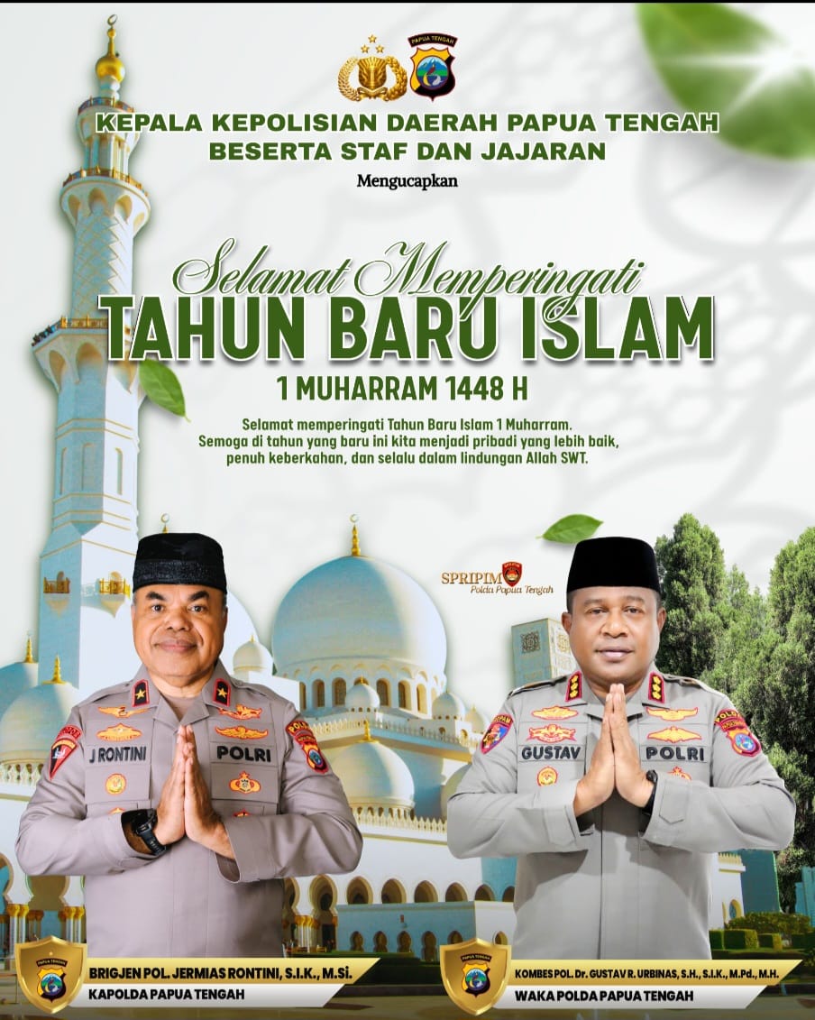 Ucapan Kapolda Papua Tengah Memperingati Tahun Baru Islam 1 Muharram 1448 Hijriah 🌙 Kapolda Papua Tengah, Brigjen Pol. Jermias Rontini, S.I.K., M.Si., beserta Wakapolda Papua Tengah, Kombes Pol. Dr. Gustav R. Urbinas, S.H., S.I.K., M.Pd., M.H., mengucapkan Selamat Tahun Baru Islam 1 Muharram 1448 Hijriah kepada seluruh umat Muslim di Papua Tengah dan Indonesia. "Pergantian Tahun Baru Islam merupakan momentum untuk melakukan introspeksi diri, memperkuat keimanan dan ketakwaan kepada Allah SWT, serta meningkatkan semangat pengabdian kepada bangsa dan negara. Mari kita jadikan nilai-nilai hijrah sebagai inspirasi untuk terus berbuat kebaikan, menjaga persatuan, dan mempererat tali persaudaraan di tengah keberagaman masyarakat Papua Tengah," ujar Kapolda Papua Tengah. Kapolda juga mengajak seluruh masyarakat untuk bersama-sama menjaga keamanan, ketertiban, dan kerukunan antarumat beragama demi terciptanya Papua Tengah yang aman, damai, dan harmonis. "Semoga di tahun yang baru ini Allah SWT senantiasa melimpahkan rahmat, kesehatan, keselamatan, keberkahan, dan perlindungan-Nya kepada kita semua, serta memberikan kekuatan dalam menjalankan tugas dan pengabdian bagi masyarakat, bangsa, dan negara," tutup Brigjen Pol. Jermias Rontini. Selamat Tahun Baru Islam 1 Muharram 1448 Hijriah. Hijrah Menuju Pribadi yang Lebih Baik, Papua Tengah yang Aman, Damai, dan Sejahtera. #TahunBaruIslam1448H, #Muharram1448H, #KapoldaPapuaTengah, #JermiasRontini, #WakapoldaPapuaTengah, #PapuaTengah, #PolriUntukMasyarakat, #Hijrah1448H, #BusurNabire, #PapuaDamai