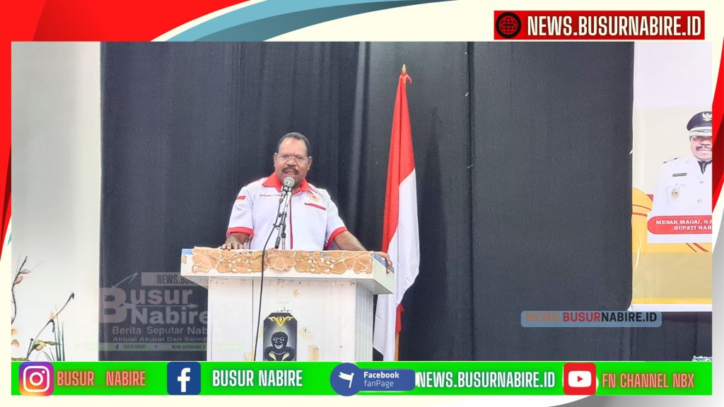 Bupati Nabire Mesak Magai menegaskan bahwa olahraga memiliki potensi besar dalam menciptakan lapangan kerja dan membina generasi muda. Ia menyebut olahraga sebagai jalur nyata untuk mewujudkan kesejahteraan pribadi dan keluarga. (Foto: Busur Nabire)