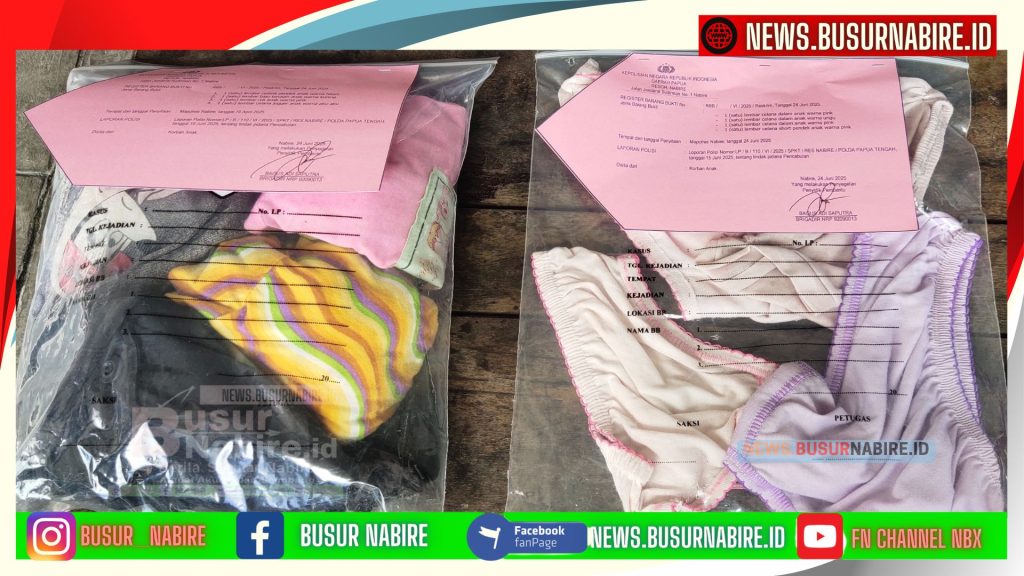 Dari hasil penggeledahan, tim penyidik mengamankan sejumlah barang bukti yang digunakan korban saat kejadian, berupa pakaian anak-anak seperti celana pendek warna hitam, dua celana dalam warna pink, baju terusan warna kuning, celana dalam warna ungu, rok warna pink, celana jogger abu-abu, dan celana short warna pink. (Foto: Busur Nabire)
