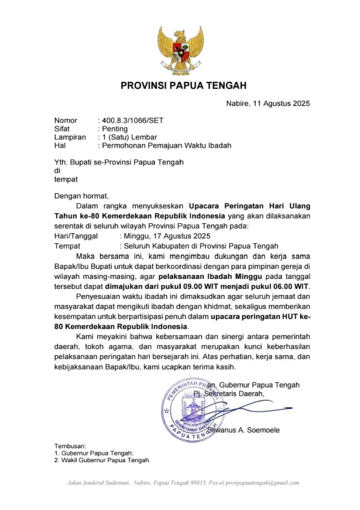 Instruksi Tegas! Pemprov Papua Tengah Majukan Waktu Ibadah 17 Agustus (Foto: Pemprov Papua Tengah)