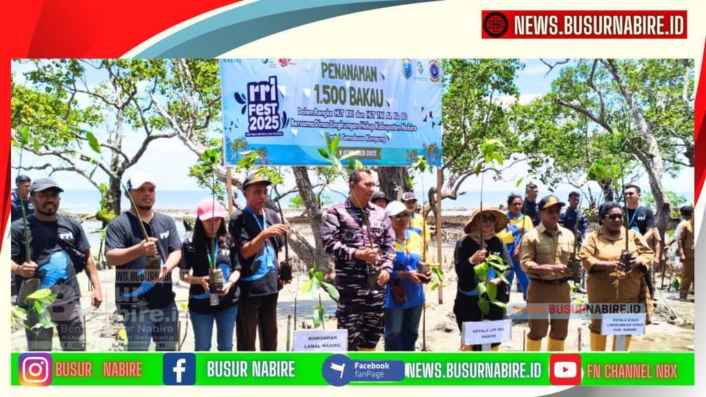 RRI Nabire, Lanal Nabire serta Dinas Lingkungan Hidup nabire bersama-sama menanam 1.500 pohon mangrove dalam rangkaian RRI Fest 2025. (Foto: Busur Nabire)