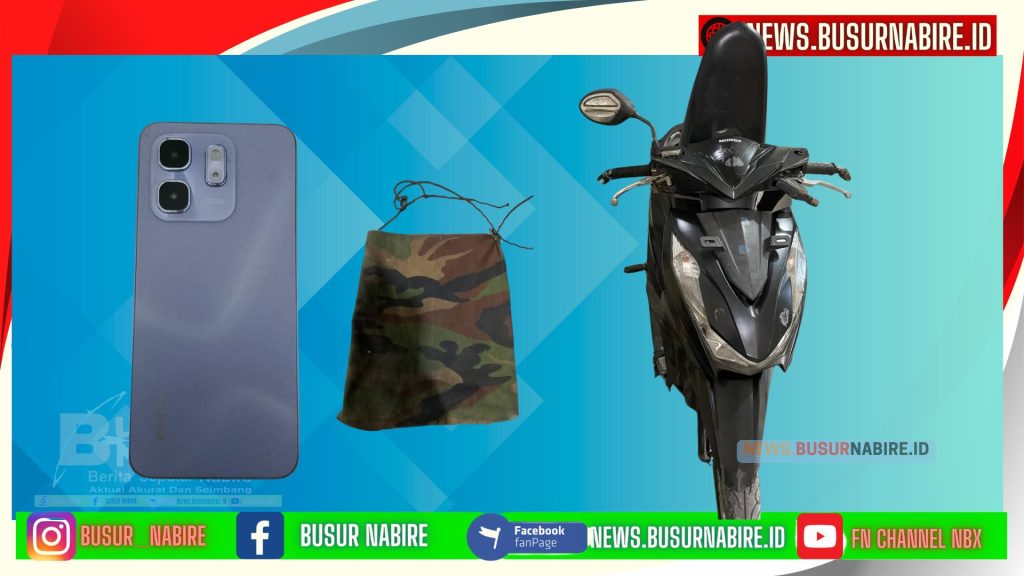 Ada pun Barang Bukti yang diamankan Selain satu unit motor Honda Beat warna merah hitam, polisi juga mengamankan satu unit handphone dan sebuah kantong kain bermotif loreng yang dibawa pelaku saat diamankan (Foto: Busur Nabire)