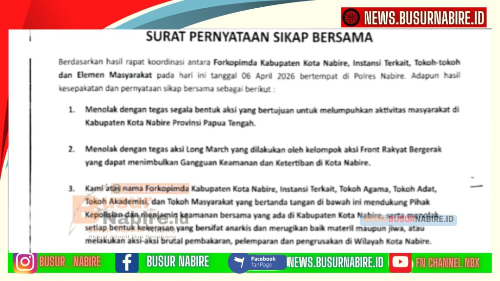 Forkopimda Nabire Keluarkan Pernyataan Sikap Bersama, Tegas Tolak Long March dan Segala Bentuk Kekerasan (Foto: BusurNabire)