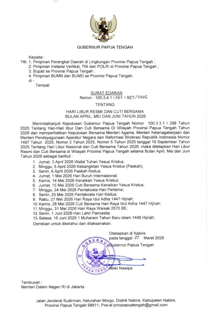 Gubernur Meki Nawipa Tetapkan Hari Libur dan Cuti Bersama 2026 di Papua Tengah, Ini Daftarnya (Foto: Humas Pemprov)